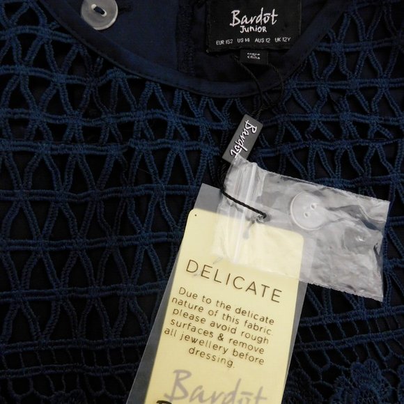 Bardot Junior Lace Eyelet Dress Kids Girls Size 14 Navy Sleeveless - Picture 7 of 7